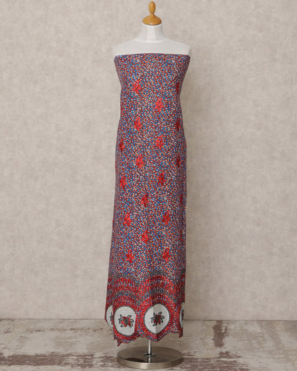 Multicolor Red Printed Blended Cotton Fabric with White Embroidered Border, 130 Cms Width, 3.0 Mtrs Length, Made in India-D24138