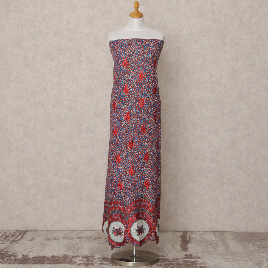 Multicolor Red Printed Blended Cotton Fabric with White Embroidered Border, 130 Cms Width, 3.0 Mtrs Length, Made in India-D24138