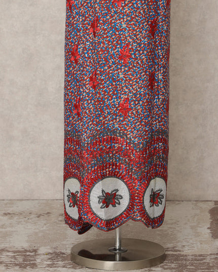 Multicolor Red Printed Blended Cotton Fabric with White Embroidered Border, 130 Cms Width, 3.0 Mtrs Length, Made in India-D24138