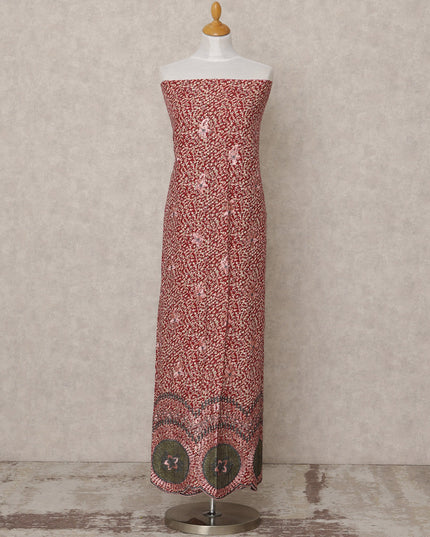 Maroon Printed Blended Cotton Fabric with Olive & Pink Embroidered Border, 130 Cms Width, 3.0 Mtrs Length, Made in India-D24139