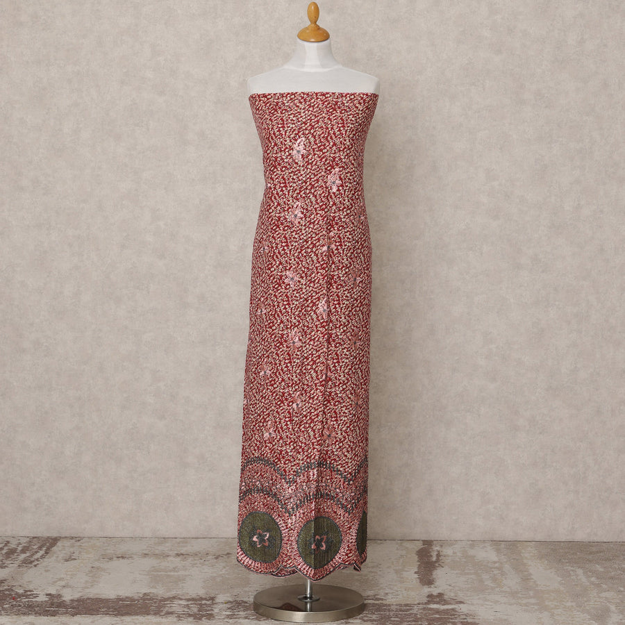 Maroon Printed Blended Cotton Fabric with Olive & Pink Embroidered Border, 130 Cms Width, 3.0 Mtrs Length, Made in India-D24139