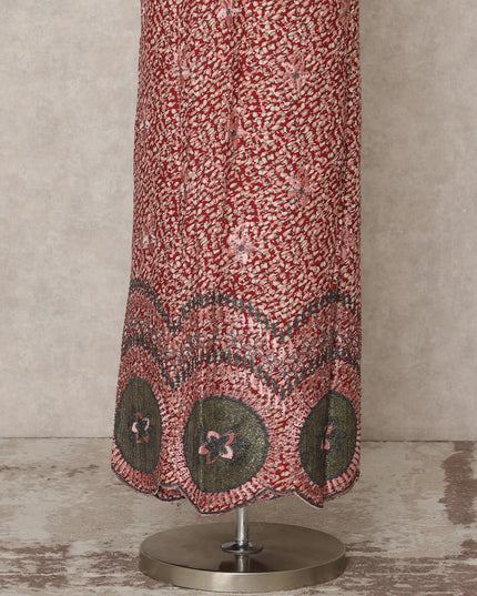 Maroon Printed Blended Cotton Fabric with Olive & Pink Embroidered Border, 130 Cms Width, 3.0 Mtrs Length, Made in India-D24139