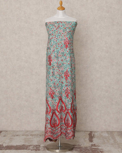 Mint Green Printed Blended Cotton Fabric with Red Embroidered Paisley Border, 130 Cms Width, 3.0 Mtrs Length, Made in India-D24140