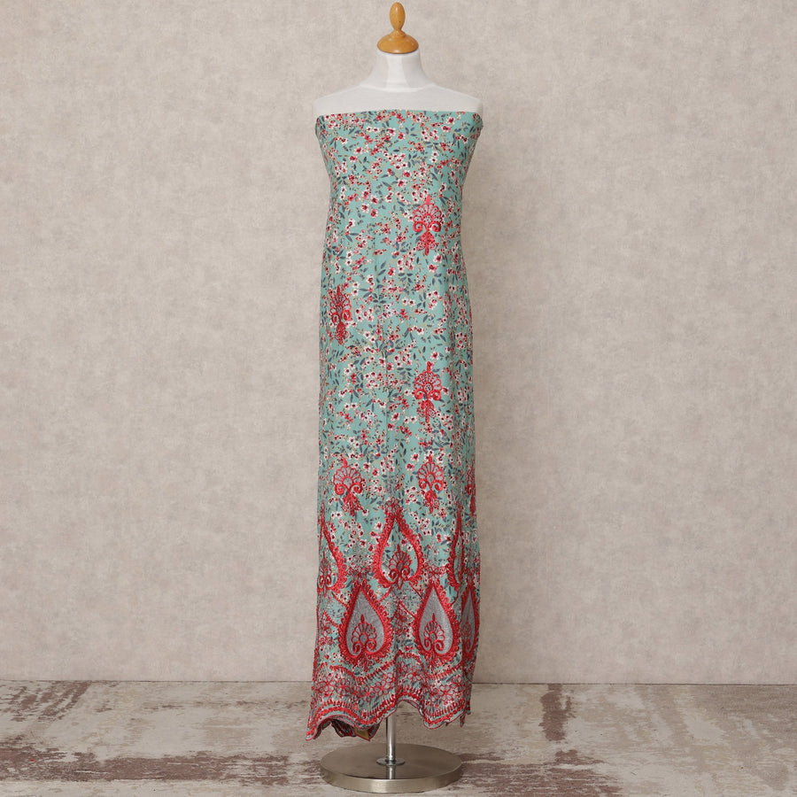 Mint Green Printed Blended Cotton Fabric with Red Embroidered Paisley Border, 130 Cms Width, 3.0 Mtrs Length, Made in India-D24140