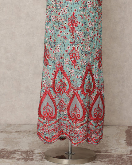 Mint Green Printed Blended Cotton Fabric with Red Embroidered Paisley Border, 130 Cms Width, 3.0 Mtrs Length, Made in India-D24140