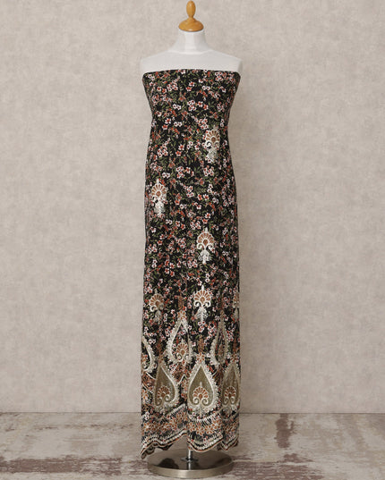 Black Floral Printed Blended Cotton Fabric with Beige & Pink Embroidered Paisley Border, 130 Cms Width, 3.0 Mtrs Length, Made in India-D24141