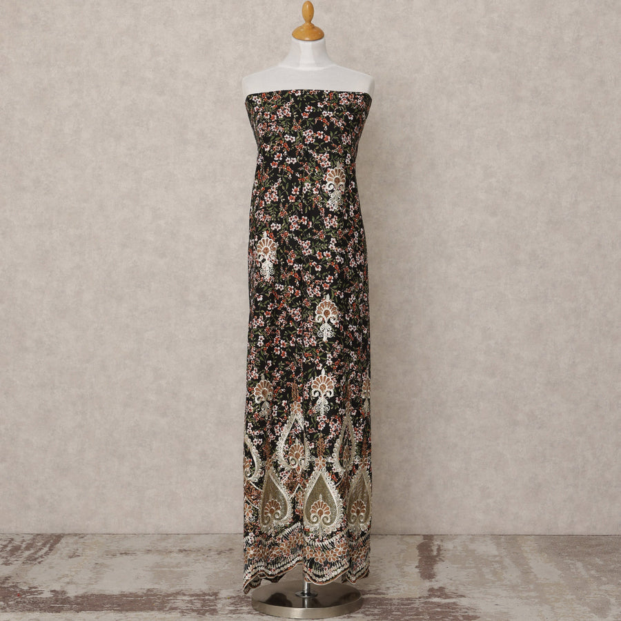 Black Floral Printed Blended Cotton Fabric with Beige & Pink Embroidered Paisley Border, 130 Cms Width, 3.0 Mtrs Length, Made in India-D24141