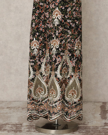 Black Floral Printed Blended Cotton Fabric with Beige & Pink Embroidered Paisley Border, 130 Cms Width, 3.0 Mtrs Length, Made in India-D24141