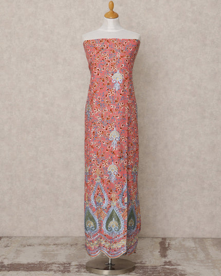 Coral Red Printed Blended Cotton Fabric with Blue & Green Embroidered Paisley Border, 130 Cms Width, 3.0 Mtrs Length, Made in India-D24142