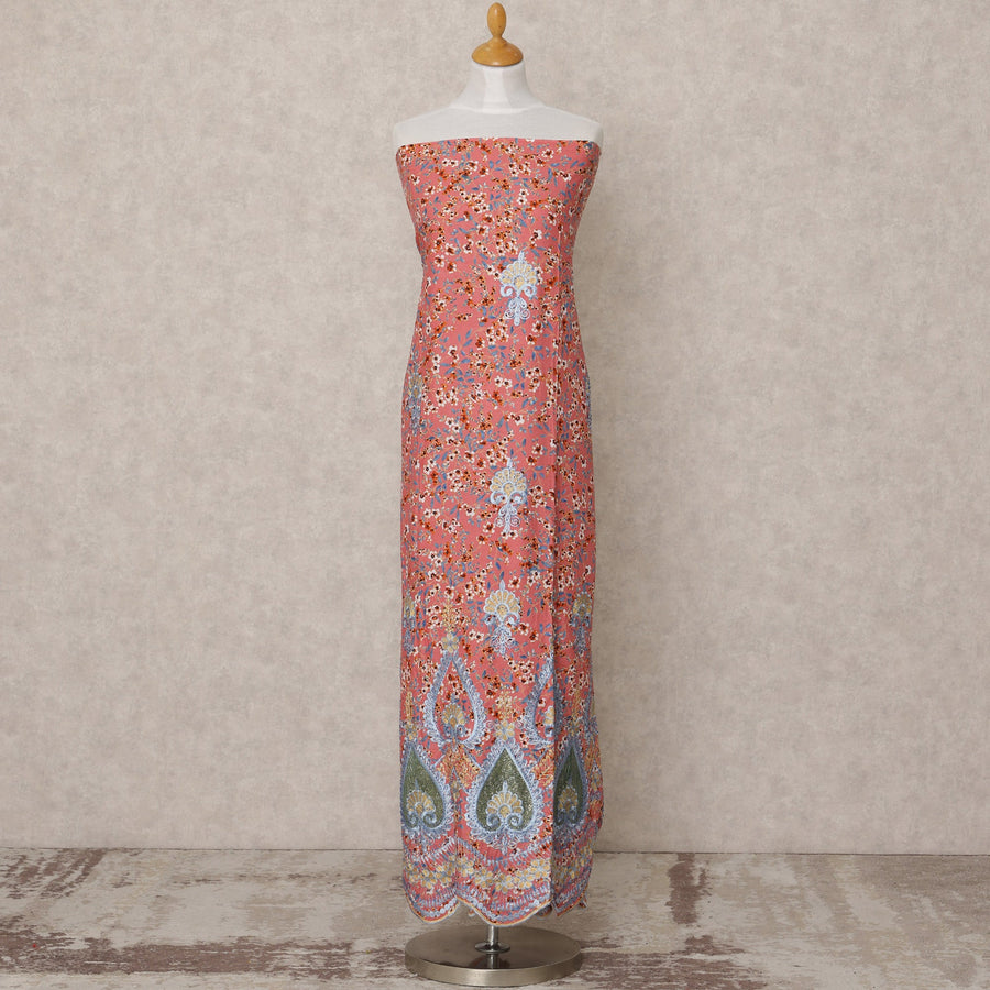 Coral Red Printed Blended Cotton Fabric with Blue & Green Embroidered Paisley Border, 130 Cms Width, 3.0 Mtrs Length, Made in India-D24142