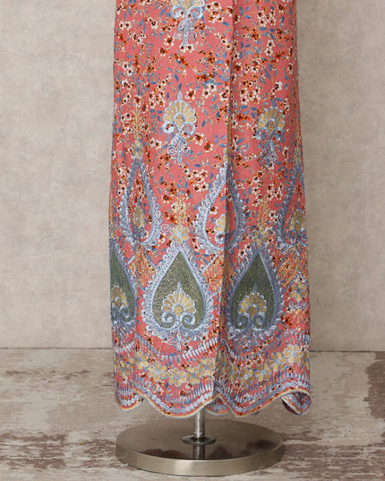 Coral Red Printed Blended Cotton Fabric with Blue & Green Embroidered Paisley Border, 130 Cms Width, 3.0 Mtrs Length, Made in India-D24142