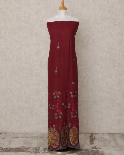 Maroon Embroidered Blended Cotton Fabric with Blue & Mustard Floral Border, 130 Cms Width, 3.0 Mtrs Length, Made in India-D24143 Regal Fabrics