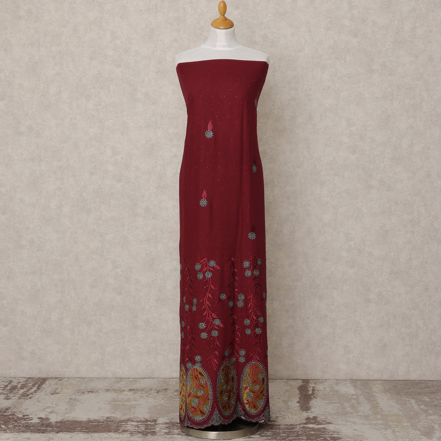 Maroon Embroidered Blended Cotton Fabric with Blue & Mustard Floral Border, 130 Cms Width, 3.0 Mtrs Length, Made in India-D24143 Regal Fabrics