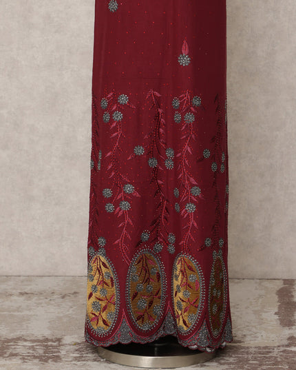 Maroon Embroidered Blended Cotton Fabric with Blue & Mustard Floral Border, 130 Cms Width, 3.0 Mtrs Length, Made in India-D24143 Regal Fabrics