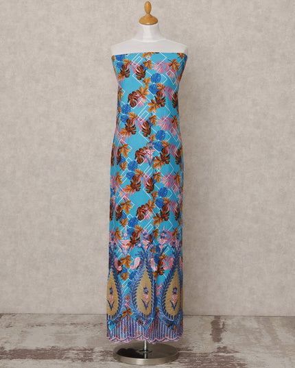 Sky Blue Printed Blended Cotton Fabric with Multicolor Floral Design and Embroidered Border, 130 Cms Width, 3.0 Mtrs Length, Made in India-D24144