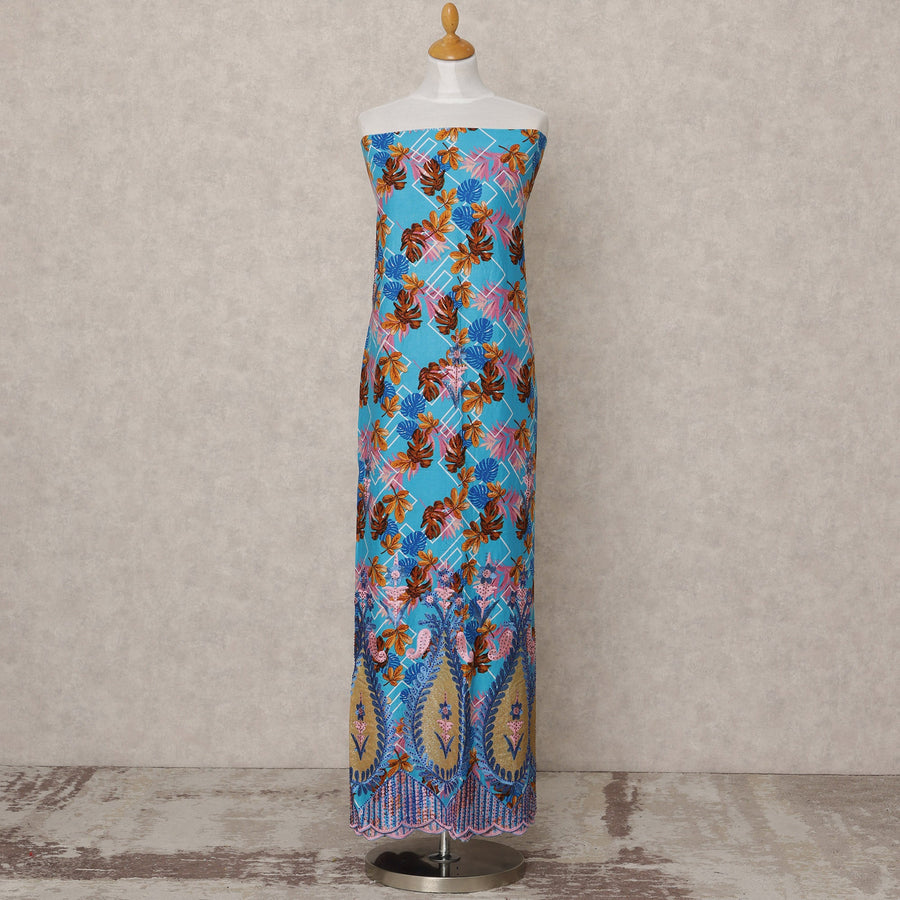 Sky Blue Printed Blended Cotton Fabric with Multicolor Floral Design and Embroidered Border, 130 Cms Width, 3.0 Mtrs Length, Made in India-D24144