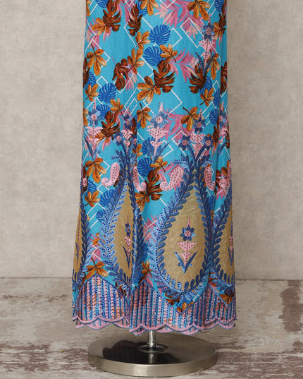 Sky Blue Printed Blended Cotton Fabric with Multicolor Floral Design and Embroidered Border, 130 Cms Width, 3.0 Mtrs Length, Made in India-D24144