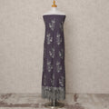Mauve Purple Embroidered Blended Cotton Fabric with Silver Floral Motifs and Tasselled Border, 130 Cms Width, 3.0 Mtrs Length, Made in India-D24145
