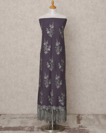 Mauve Purple Embroidered Blended Cotton Fabric with Silver Floral Motifs and Tasselled Border, 130 Cms Width, 3.0 Mtrs Length, Made in India-D24145