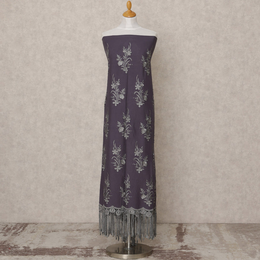 Mauve Purple Embroidered Blended Cotton Fabric with Silver Floral Motifs and Tasselled Border, 130 Cms Width, 3.0 Mtrs Length, Made in India-D24145