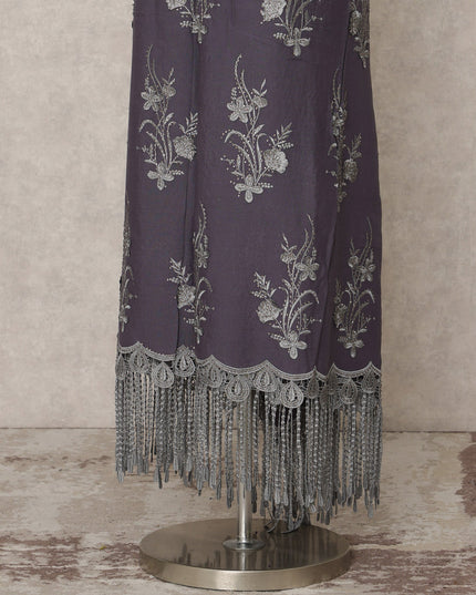 Mauve Purple Embroidered Blended Cotton Fabric with Silver Floral Motifs and Tasselled Border, 130 Cms Width, 3.0 Mtrs Length, Made in India-D24145