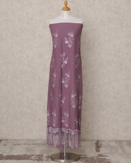 Dusty Mauve Embroidered Blended Cotton Fabric with Lavender Floral Motifs and Tasselled Lace Border, 130 Cms Width, 3.0 Mtrs Length, Made in India-D24146
