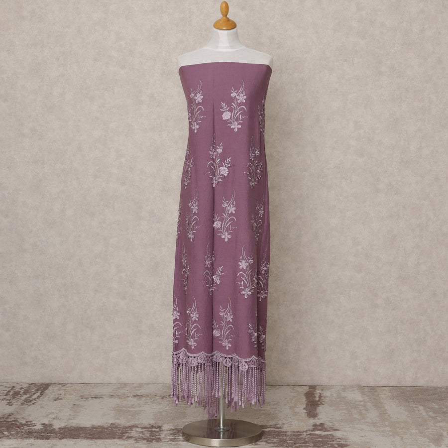 Dusty Mauve Embroidered Blended Cotton Fabric with Lavender Floral Motifs and Tasselled Lace Border, 130 Cms Width, 3.0 Mtrs Length, Made in India-D24146