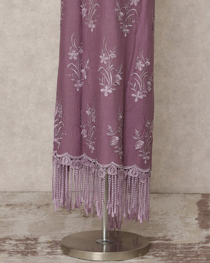 Dusty Mauve Embroidered Blended Cotton Fabric with Lavender Floral Motifs and Tasselled Lace Border, 130 Cms Width, 3.0 Mtrs Length, Made in India-D24146