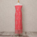 Coral Pink Embroidered Blended Cotton Fabric with Floral Motifs and Tasselled Lace Border, 130 Cms Width, 3.0 Mtrs Length, Made in India-D24147