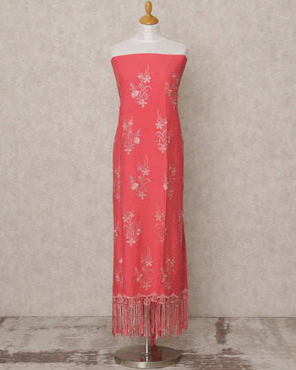 Coral Pink Embroidered Blended Cotton Fabric with Floral Motifs and Tasselled Lace Border, 130 Cms Width, 3.0 Mtrs Length, Made in India-D24147