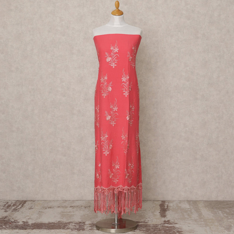Coral Pink Embroidered Blended Cotton Fabric with Floral Motifs and Tasselled Lace Border, 130 Cms Width, 3.0 Mtrs Length, Made in India-D24147