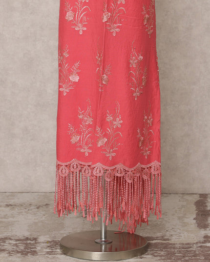 Coral Pink Embroidered Blended Cotton Fabric with Floral Motifs and Tasselled Lace Border, 130 Cms Width, 3.0 Mtrs Length, Made in India-D24147