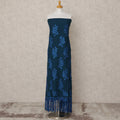 Deep Teal Blended Cotton Fabric with Royal Blue Floral Embroidery and Tasselled Lace Border, 130 Cms Width, 3.0 Mtrs Length, Made in India-D24148