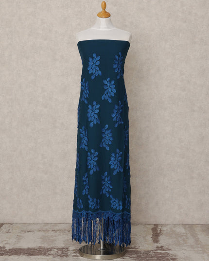 Deep Teal Blended Cotton Fabric with Royal Blue Floral Embroidery and Tasselled Lace Border, 130 Cms Width, 3.0 Mtrs Length, Made in India-D24148