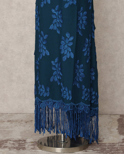 Deep Teal Blended Cotton Fabric with Royal Blue Floral Embroidery and Tasselled Lace Border, 130 Cms Width, 3.0 Mtrs Length, Made in India-D24148