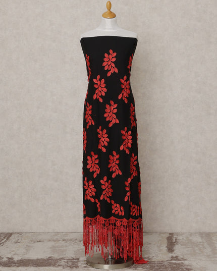 Black Blended Cotton Fabric with Red Floral Embroidery and Tasselled Lace Border, 130 Cms Width, 3.0 Mtrs Length, Made in India-D24149