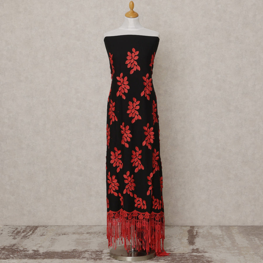 Black Blended Cotton Fabric with Red Floral Embroidery and Tasselled Lace Border, 130 Cms Width, 3.0 Mtrs Length, Made in India-D24149