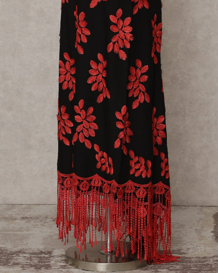 Black Blended Cotton Fabric with Red Floral Embroidery and Tasselled Lace Border, 130 Cms Width, 3.0 Mtrs Length, Made in India-D24149