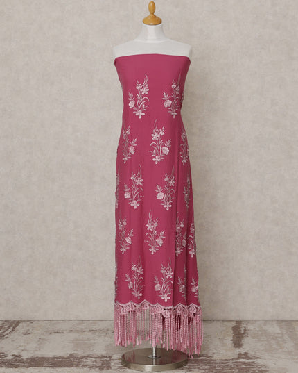 Rani Pink Blended Cotton Fabric with White Thread Embroidery and Lace Tassel Border, 130 Cms Width, 3.0 Mtrs Length, Made in India-D24150