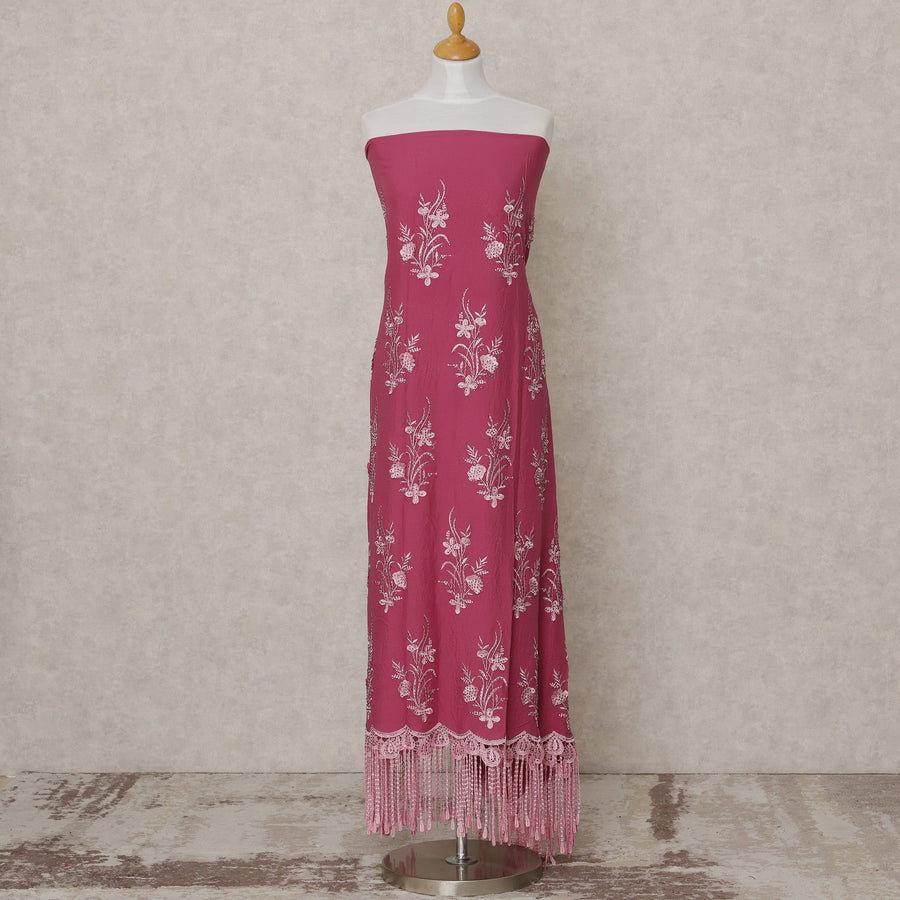 Rani Pink Blended Cotton Fabric with White Thread Embroidery and Lace Tassel Border, 130 Cms Width, 3.0 Mtrs Length, Made in India-D24150