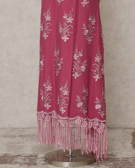 Rani Pink Blended Cotton Fabric with White Thread Embroidery and Lace Tassel Border, 130 Cms Width, 3.0 Mtrs Length, Made in India-D24150