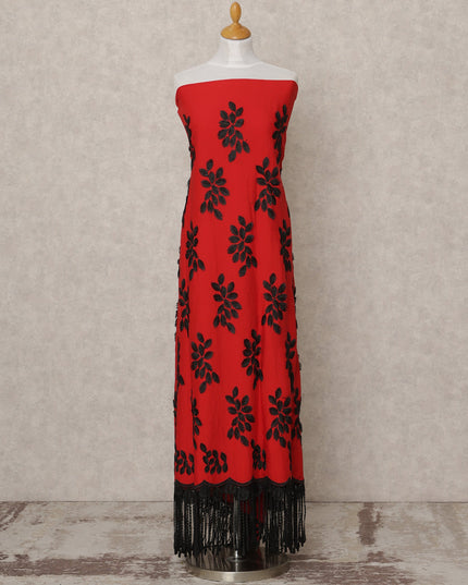 Red Blended Cotton Fabric with Black Floral Thread Embroidery and Lace Tassel Hem, 130 Cms Width, 3.0 Mtrs Length, Made in India-D24151