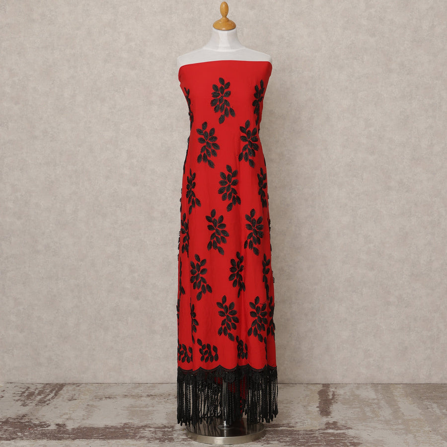 Red Blended Cotton Fabric with Black Floral Thread Embroidery and Lace Tassel Hem, 130 Cms Width, 3.0 Mtrs Length, Made in India-D24151