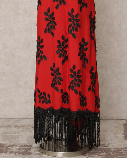 Red Blended Cotton Fabric with Black Floral Thread Embroidery and Lace Tassel Hem, 130 Cms Width, 3.0 Mtrs Length, Made in India-D24151