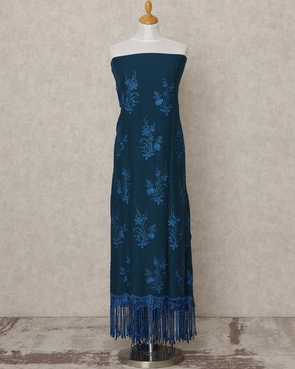 Teal Blue Blended Cotton Fabric with Royal Blue Floral Thread Embroidery and Tassel Lace Border, 130 Cms Width, 3.0 Mtrs Length, Made in India-D24152