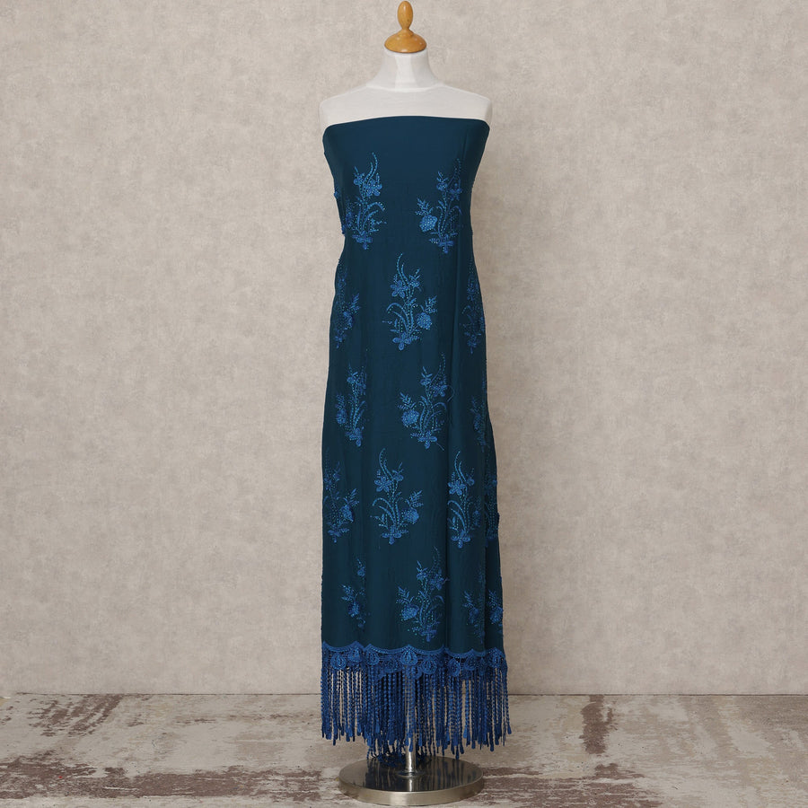 Teal Blue Blended Cotton Fabric with Royal Blue Floral Thread Embroidery and Tassel Lace Border, 130 Cms Width, 3.0 Mtrs Length, Made in India-D24152