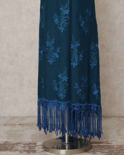 Teal Blue Blended Cotton Fabric with Royal Blue Floral Thread Embroidery and Tassel Lace Border, 130 Cms Width, 3.0 Mtrs Length, Made in India-D24152