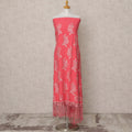 Coral Pink Blended Cotton Fabric with Floral Thread Embroidery and Tassel Lace Border, 130 Cms Width, 3.0 Mtrs Length, Made in India-D24153