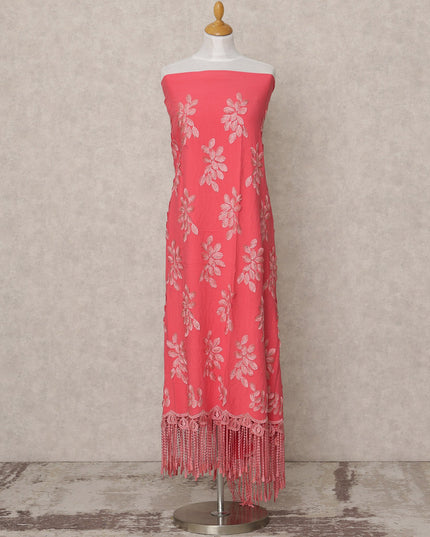 Coral Pink Blended Cotton Fabric with Floral Thread Embroidery and Tassel Lace Border, 130 Cms Width, 3.0 Mtrs Length, Made in India-D24153
