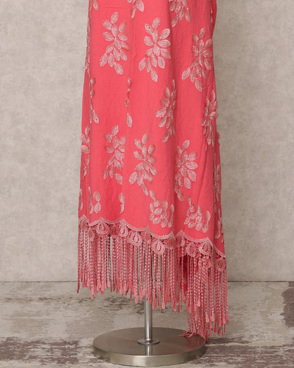 Coral Pink Blended Cotton Fabric with Floral Thread Embroidery and Tassel Lace Border, 130 Cms Width, 3.0 Mtrs Length, Made in India-D24153